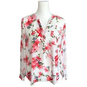 DNA Couture White Pink Long Sleeve‎ Roll Tab Blouse Top with Gold Buttons Size S